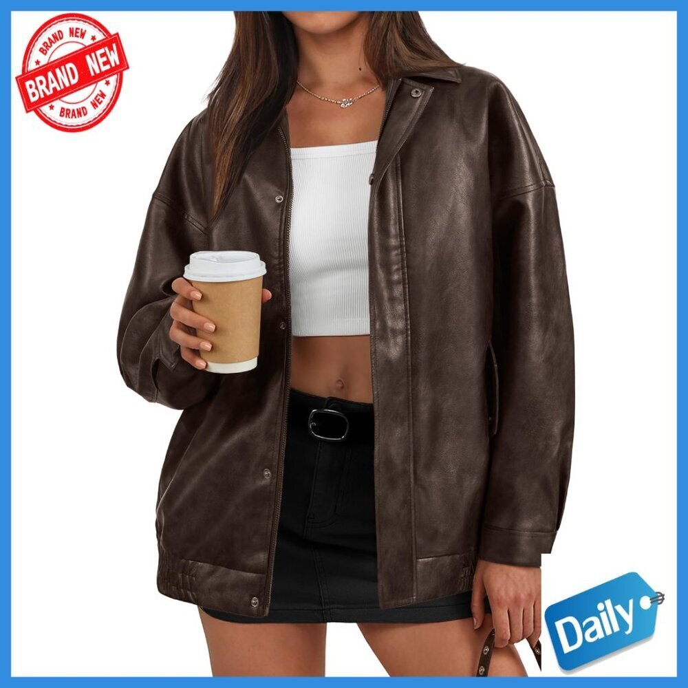 Oversized Faux Leather Bomber Jacket Moto Style Zip Up Coat